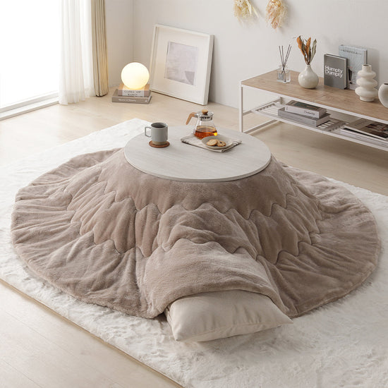 小さな円形こたつ2点セット(折りたたみ式68cmテーブル + フランネル掛け布団) ホワイトウォッシュ×ナチュラル/ベージュ