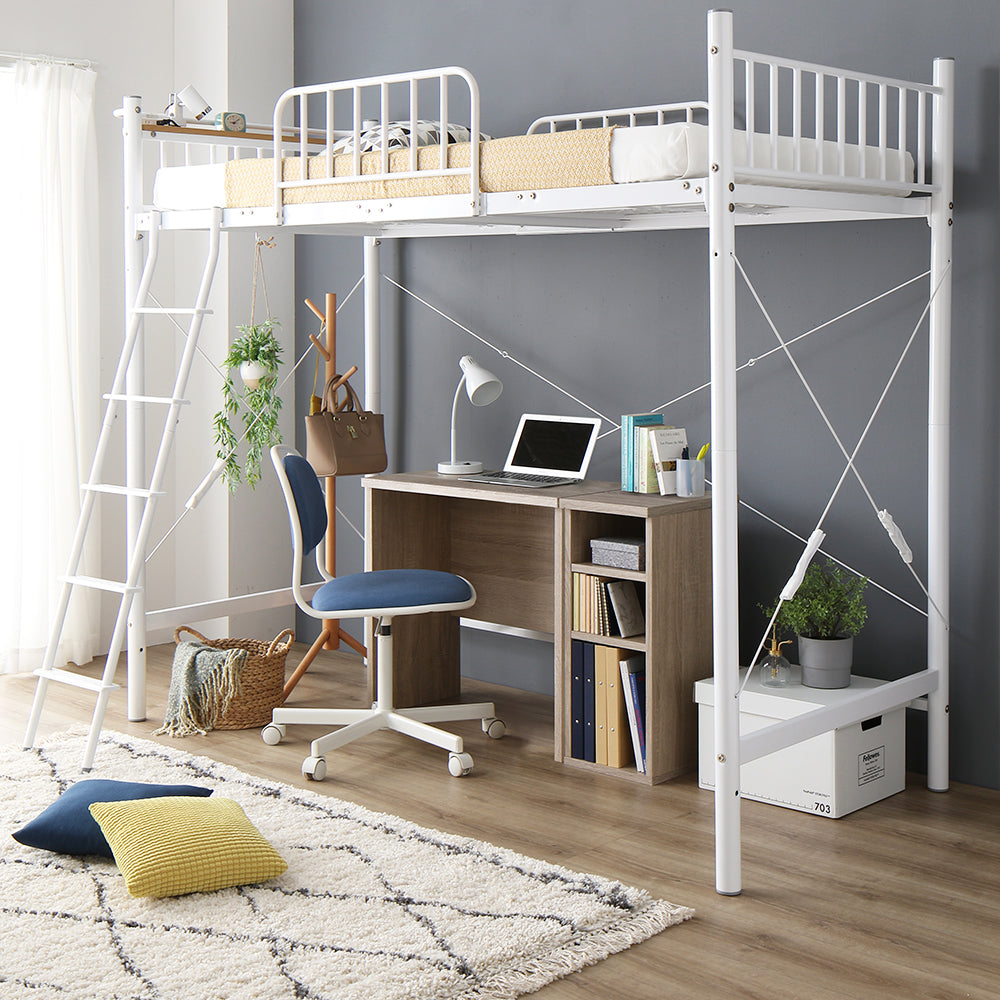 デスク・ラック付きも選べる ロフトベッド・ホワイト・デスク幅75cm+ラック