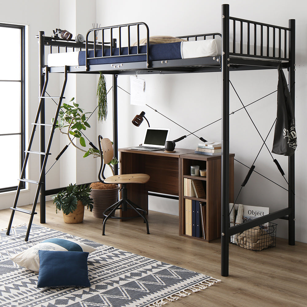 デスク・ラック付きも選べる ロフトベッド・ブラック・デスク幅75cm+ラック
