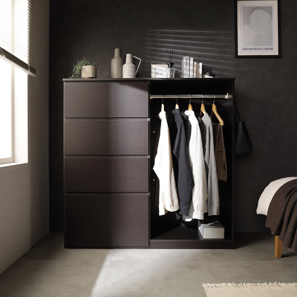 ハンガーラック付 4段チェスト 幅約121cm ダークブラウン