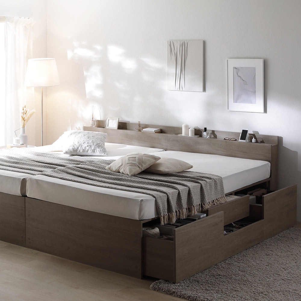 引き出し4杯大容量ベッド 宮付きタイプ『Slektia スレクティア』連結サイズ グレージュ