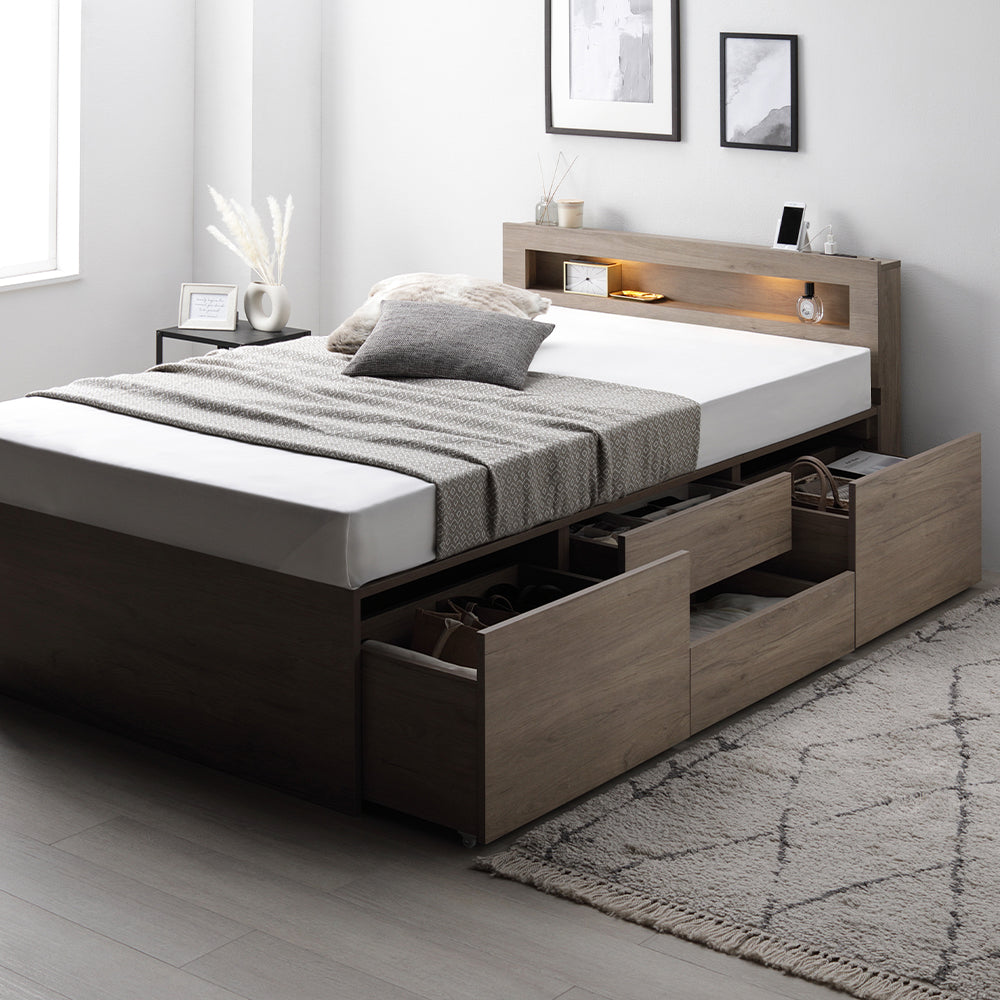 引き出し4杯大容量ベッド LED照明付きタイプ『Slektone スレクトーン』 グレージュ