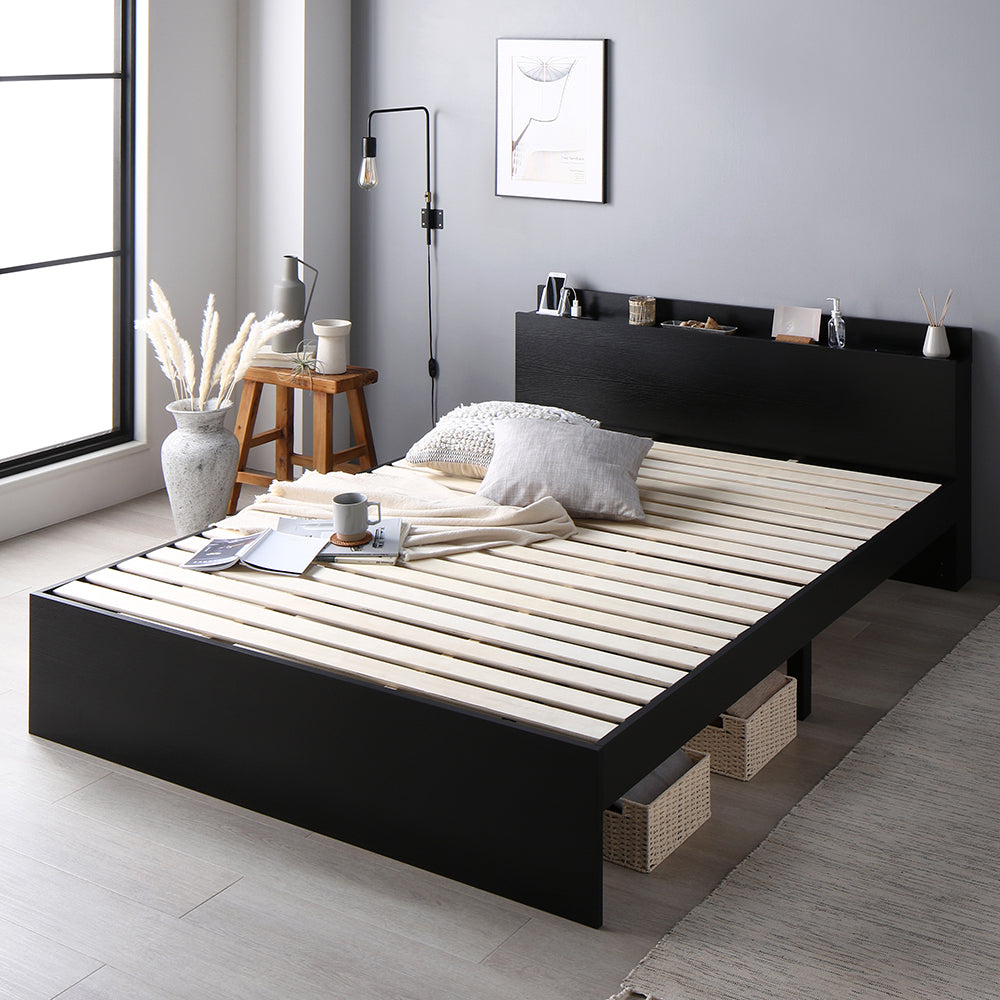 コンセント 棚付き 高さ調整すのこベッド 『Asteria アステリア』フレームのみ・ブラック