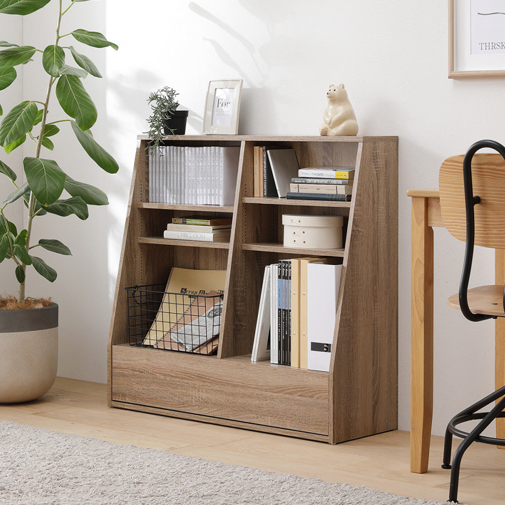 【幅90×高さ85cm】引き出し付き本棚 薄型ブックシェルフ ロータイプ ナチュラル