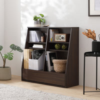 【幅90×高さ85cm】引き出し付き本棚 薄型ブックシェルフ ロータイプ ダークブラウン