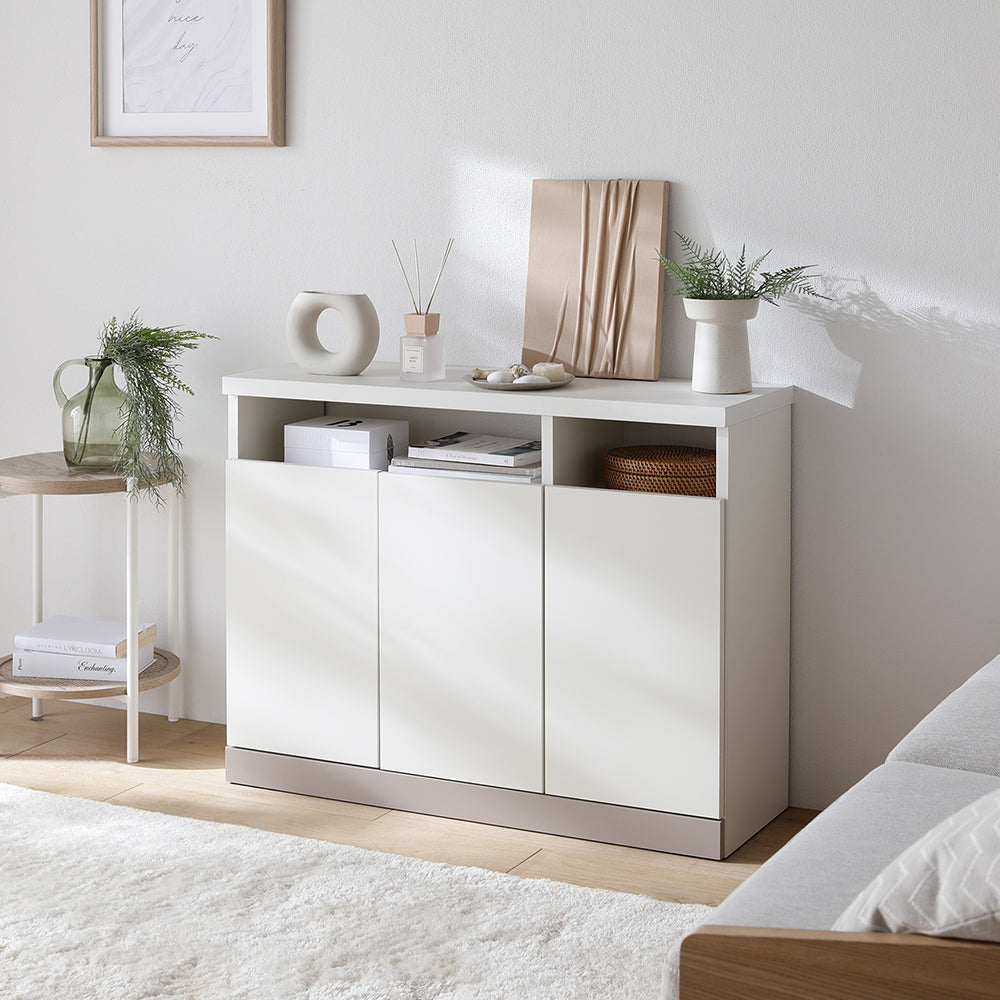 【国産】完成品 薄型サイドボード キャビネット ハイタイプテレビ台 幅90cm アイボリー