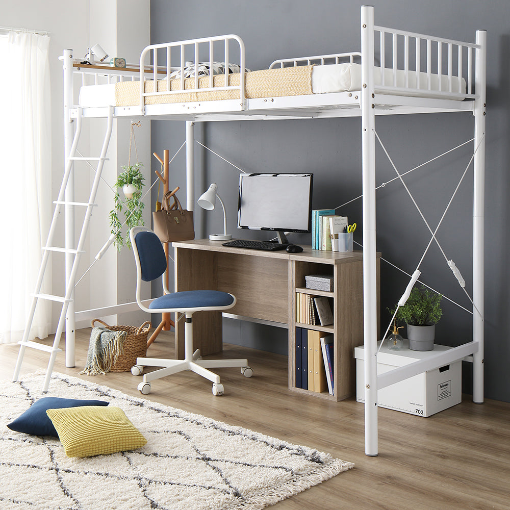 デスク・ラック付きも選べる ロフトベッド・ホワイト・デスク幅90cm+ラック