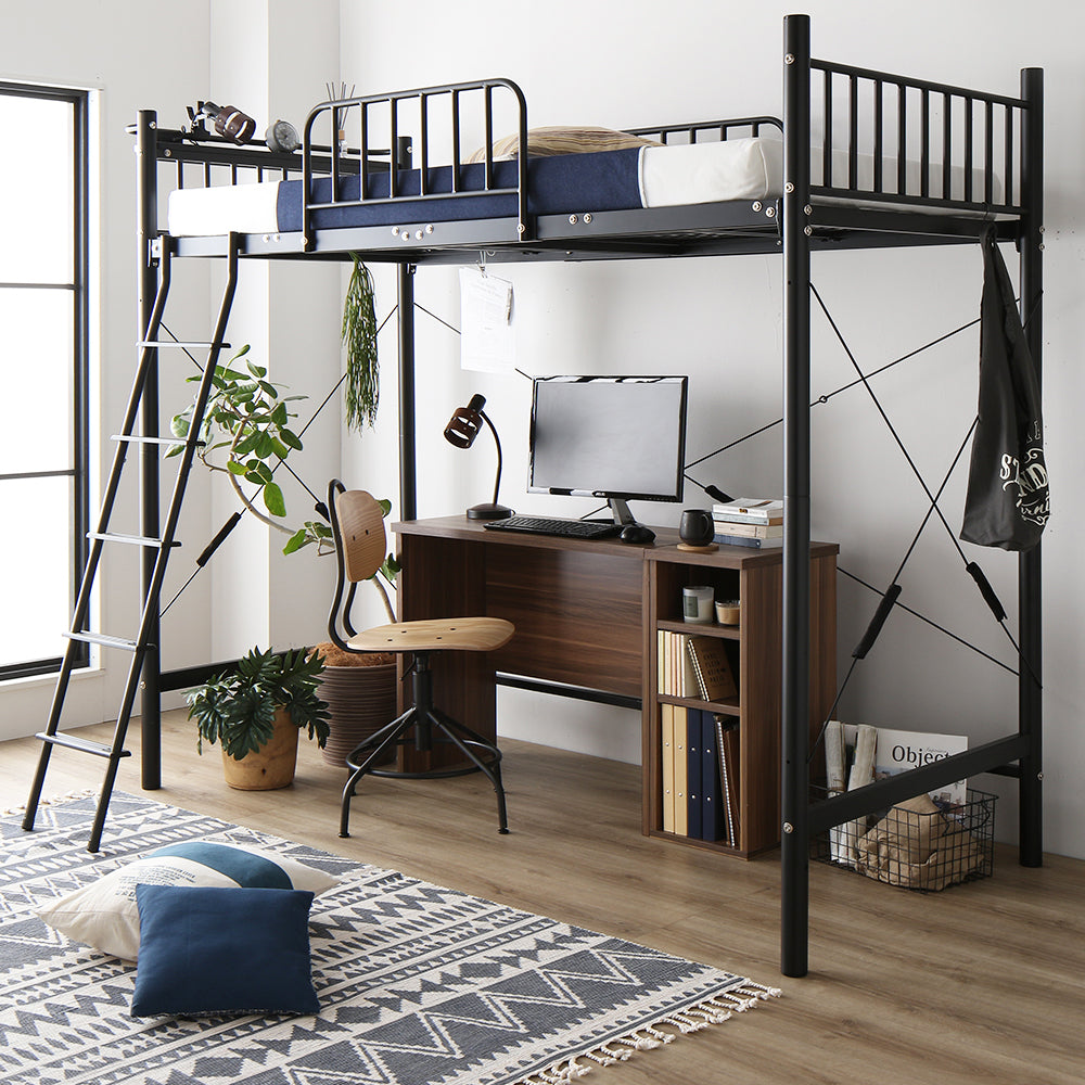 デスク・ラック付きも選べる ロフトベッド・ブラック・デスク幅90cm+ラック
