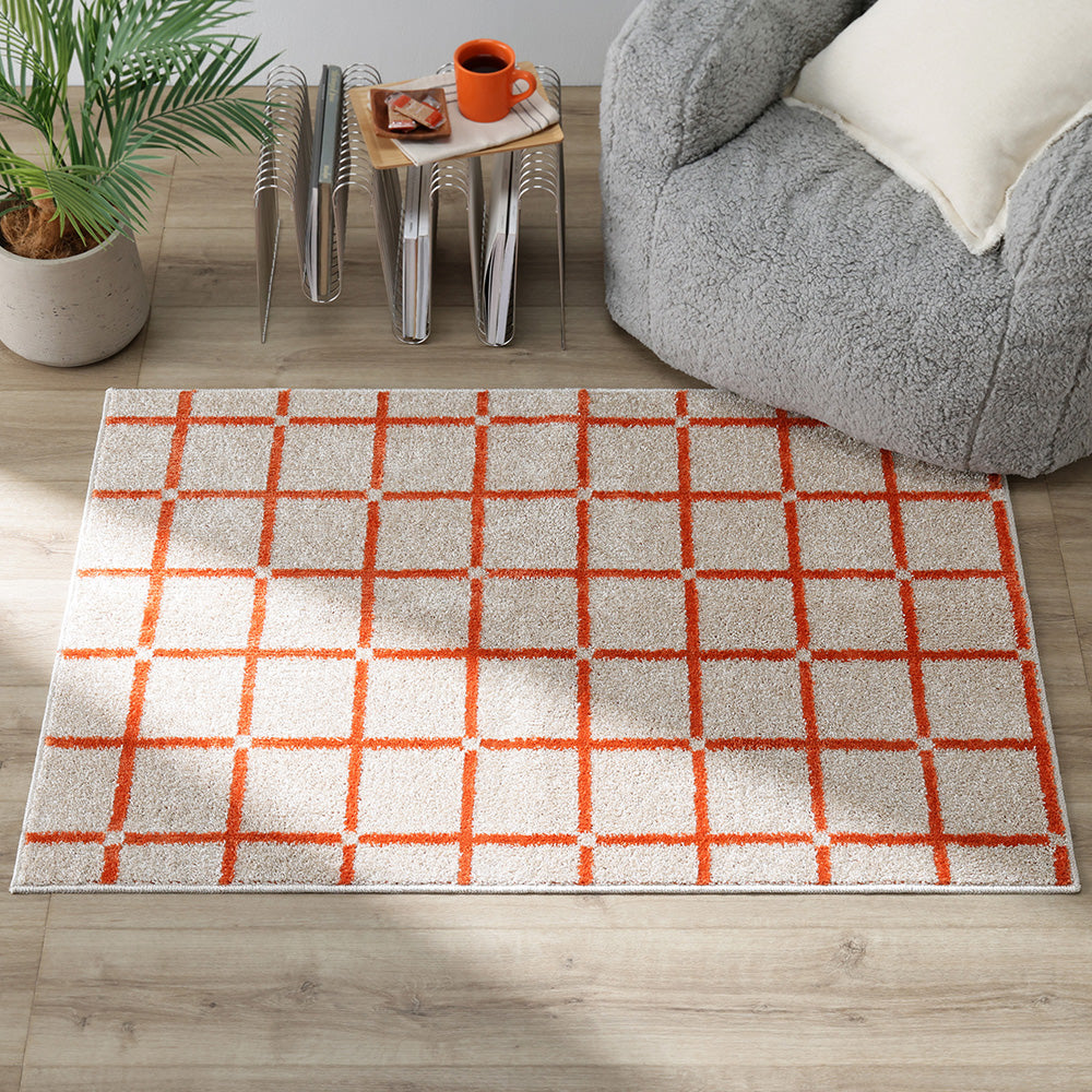 国産 洗濯機で洗える デザインラグ(軽量・防ダニ・アレルブロック) 約90×130cm オレンジ