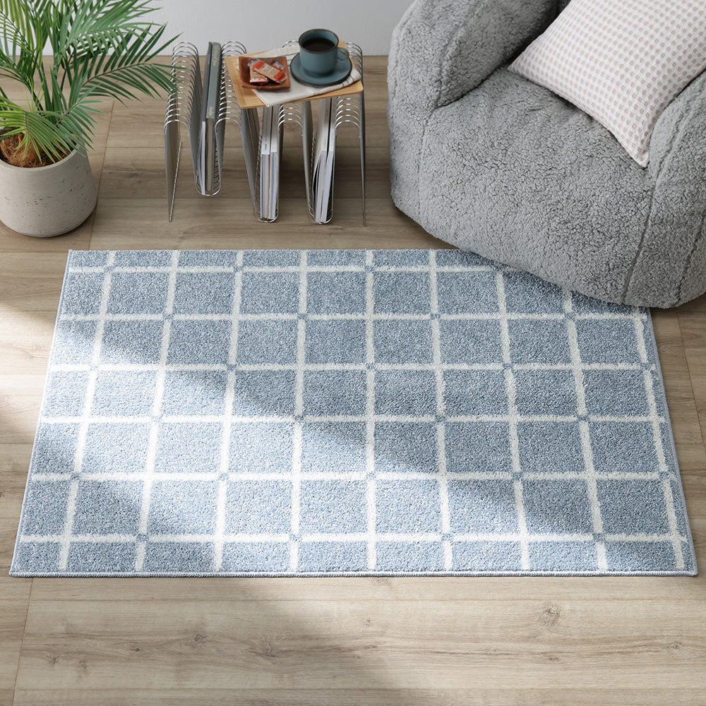 国産 洗濯機で洗える デザインラグ(軽量・防ダニ・アレルブロック) 約90×130cm ブルー