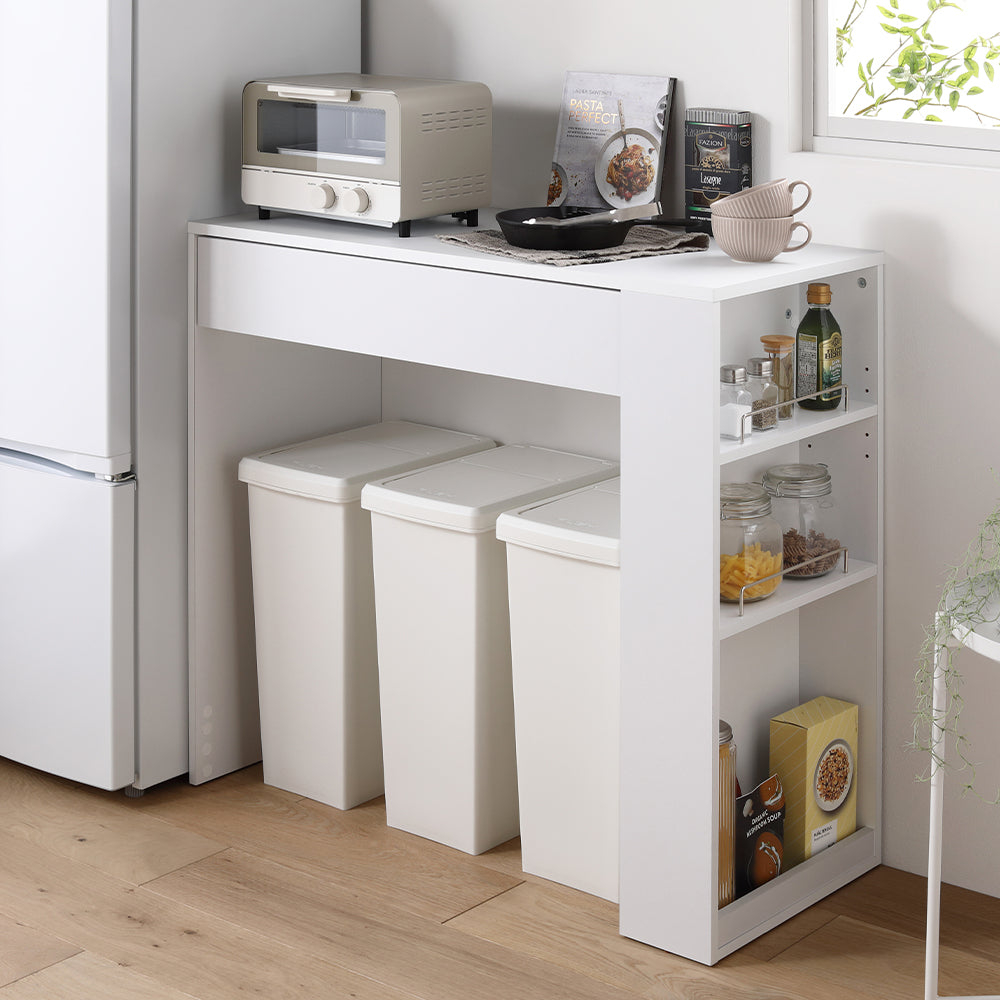 ごみ箱が収納できる キッチンカウンター 引き出し サイド収納付 幅98.5cm ホワイト