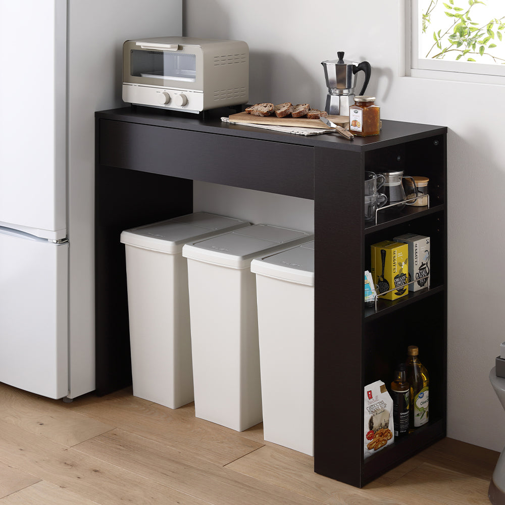 ごみ箱が収納できる キッチンカウンター 引き出し サイド収納付 幅98.5cm ダークブラウン