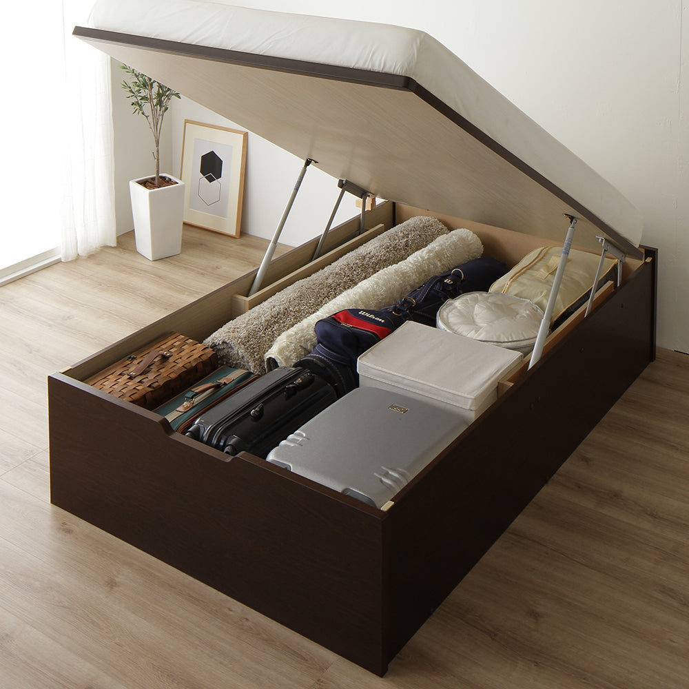 ガス圧跳ね上げベッド(ヘッドレス・縦開き) ショート丈 ダークブラウン ハイタイプ