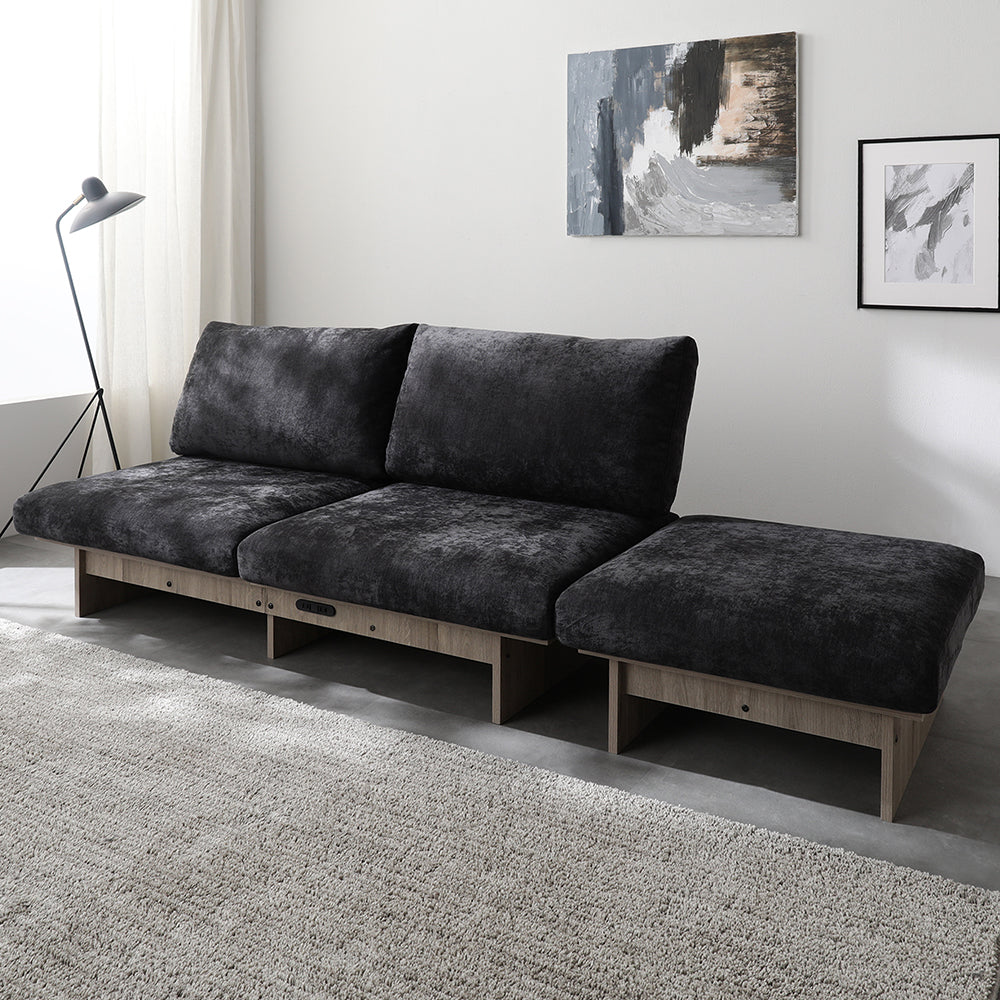 コンセント付きステージソファ 『NOREZA ノレザ』 フルタイプソファ+オットマンセット チャコールグレー×グレージュフレーム