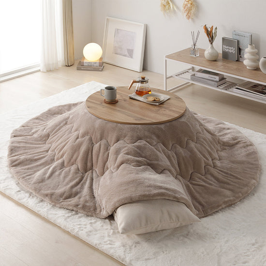 小さな円形こたつ2点セット(折りたたみ式68cmテーブル + フランネル掛け布団) ライトブラウン/ベージュ