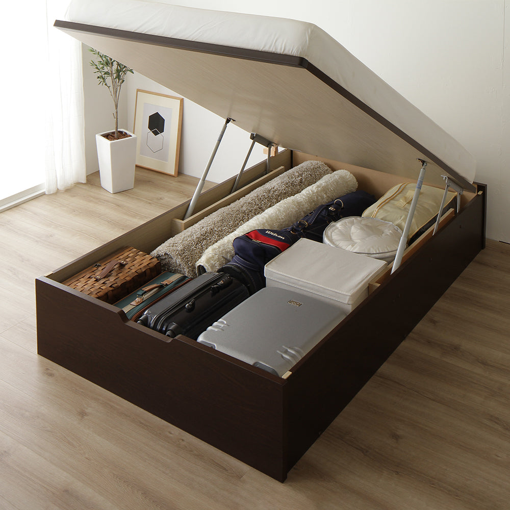 ガス圧跳ね上げベッド(ヘッドレス・縦開き) ショート丈 ダークブラウン ミドルタイプ