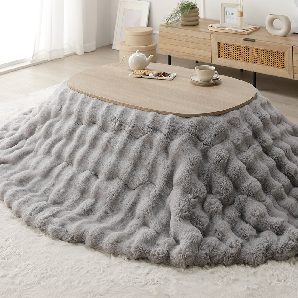 シンプルこたつローテーブル×ポコポコ布団 楕円形 2点セット(こたつテーブル:90×60cm + こたつ掛け布団:210×170cm) グレージュナチュラル/グレー