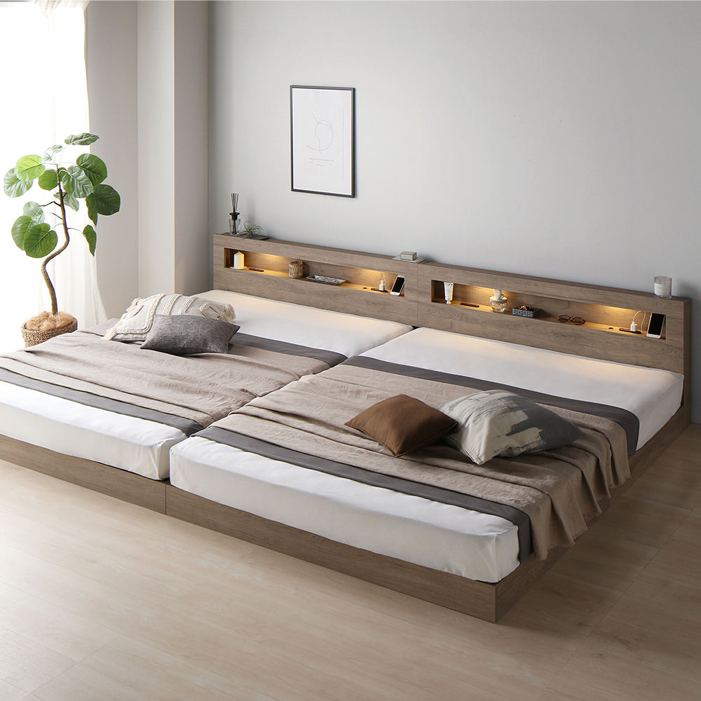 ホテルスタイル 連結ローベッド LED照明&棚付き『CONCASA コンカーサ』グレージュ