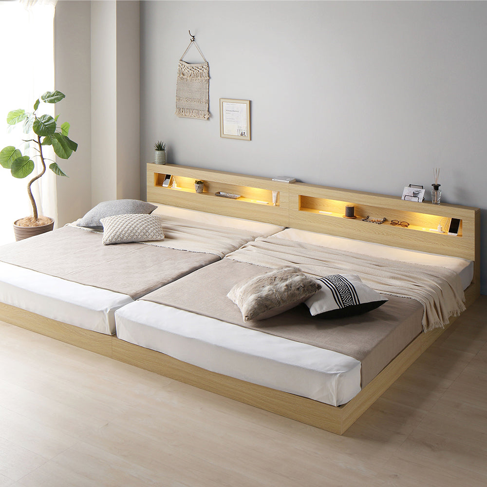 ホテルスタイル 連結ローベッド LED照明&棚付き『CONCASA コンカーサ』ナチュラル