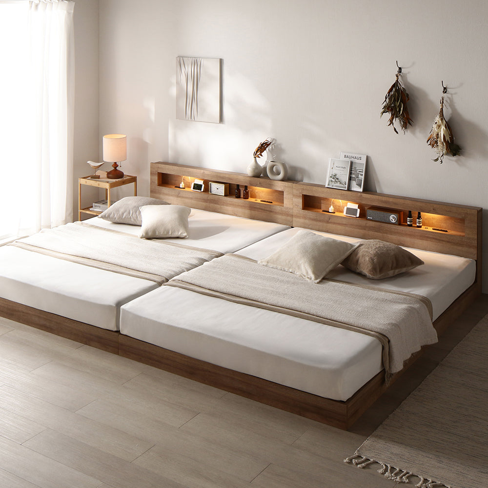 ホテルスタイル 連結ローベッド LED照明&棚付き『CONCASA コンカーサ』シャビーオーク