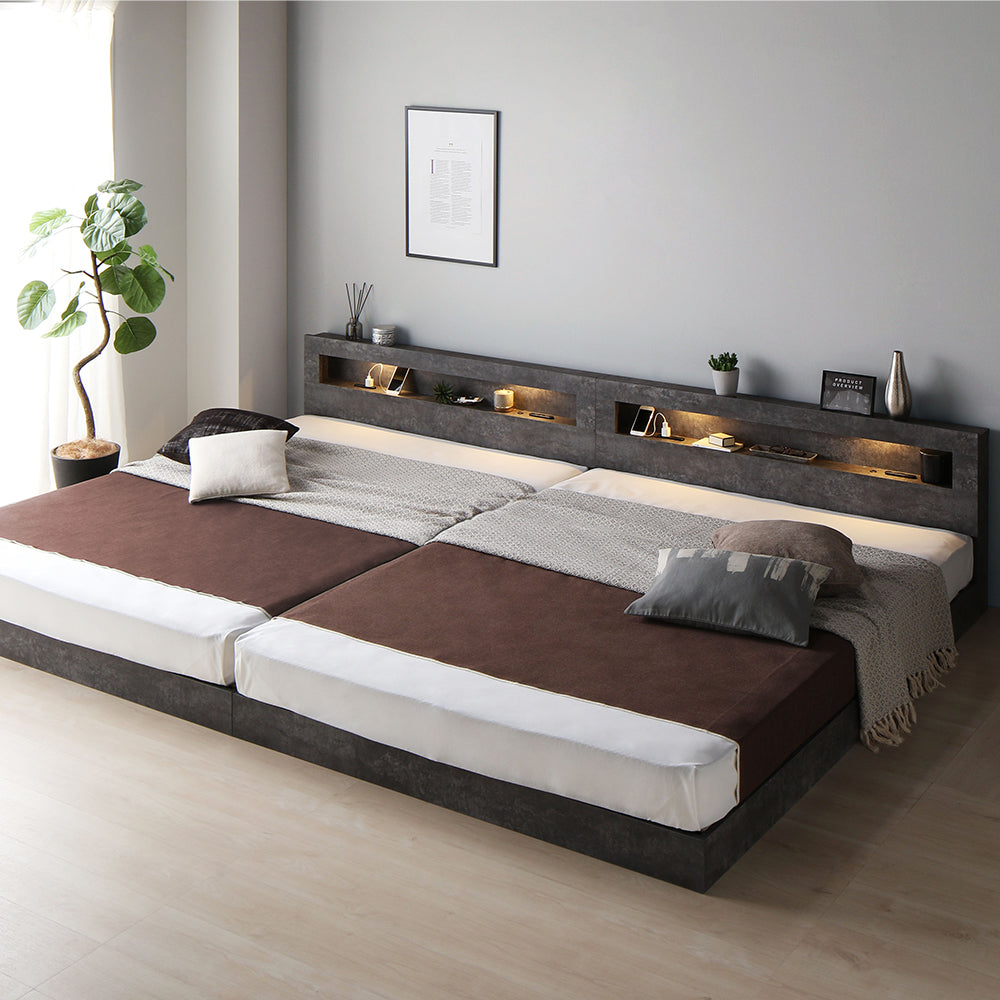 ホテルスタイル 連結ローベッド LED照明&棚付き『CONCASA コンカーサ』ストーングレー