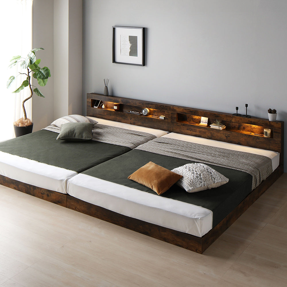 ホテルスタイル 連結ローベッド LED照明&棚付き『CONCASA コンカーサ』ヴィンテージブラウン