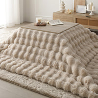 折りたたみ式こたつ2点セット(テーブル + ラビットファー調ポコポコ掛け布団) こたつテーブル:60×60cm(正方形) グレージュ×ウォールナット / こたつ布団:ベージュ