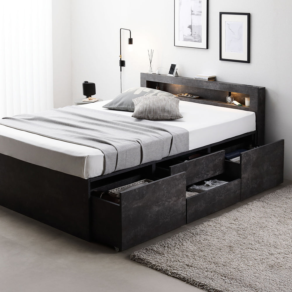 引き出し4杯大容量ベッド LED照明付きタイプ『Slektone スレクトーン』 ストーングレー