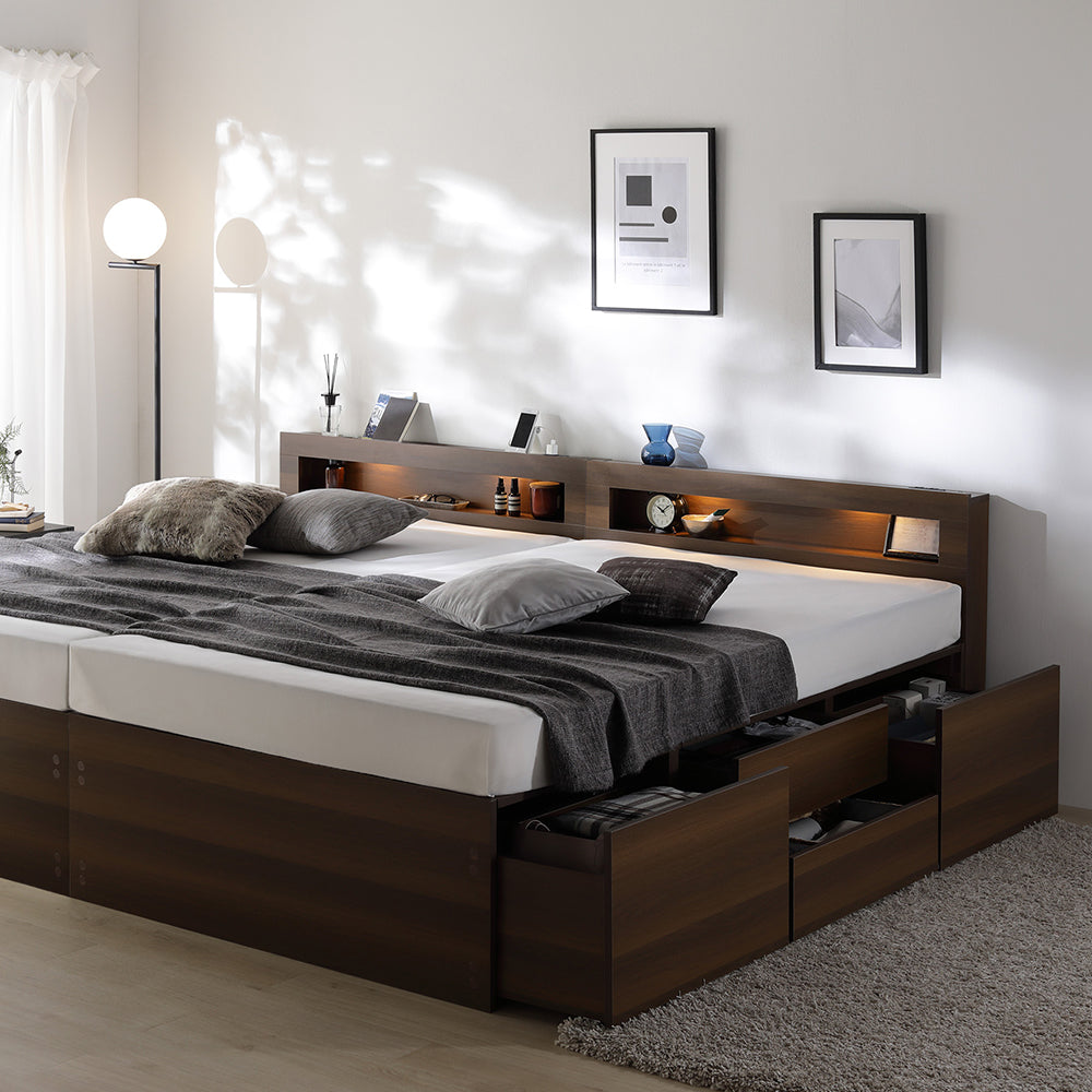 引き出し4杯大容量ベッド LED照明付きタイプ『Slektone スレクトーン』連結サイズ ブラウン