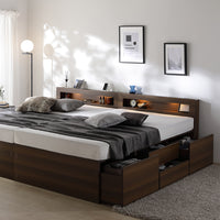 引き出し4杯大容量ベッド LED照明付きタイプ『Slektone スレクトーン』連結サイズ ブラウン