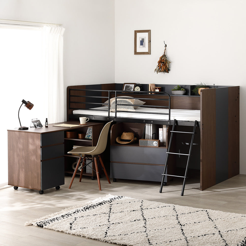 デスク・ワゴン付き コンパクトロフトベッド(サイド棚有) ブラウン