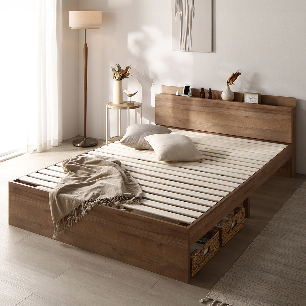 コンセント 棚付き 高さ調整すのこベッド 『Asteria アステリア』フレームのみ・シャビーオーク