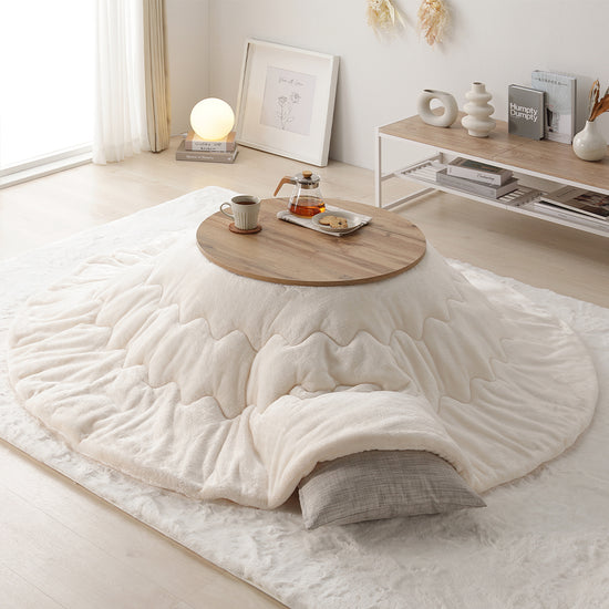 小さな円形こたつ2点セット(折りたたみ式68cmテーブル + フランネル掛け布団) ライトブラウン/アイボリー