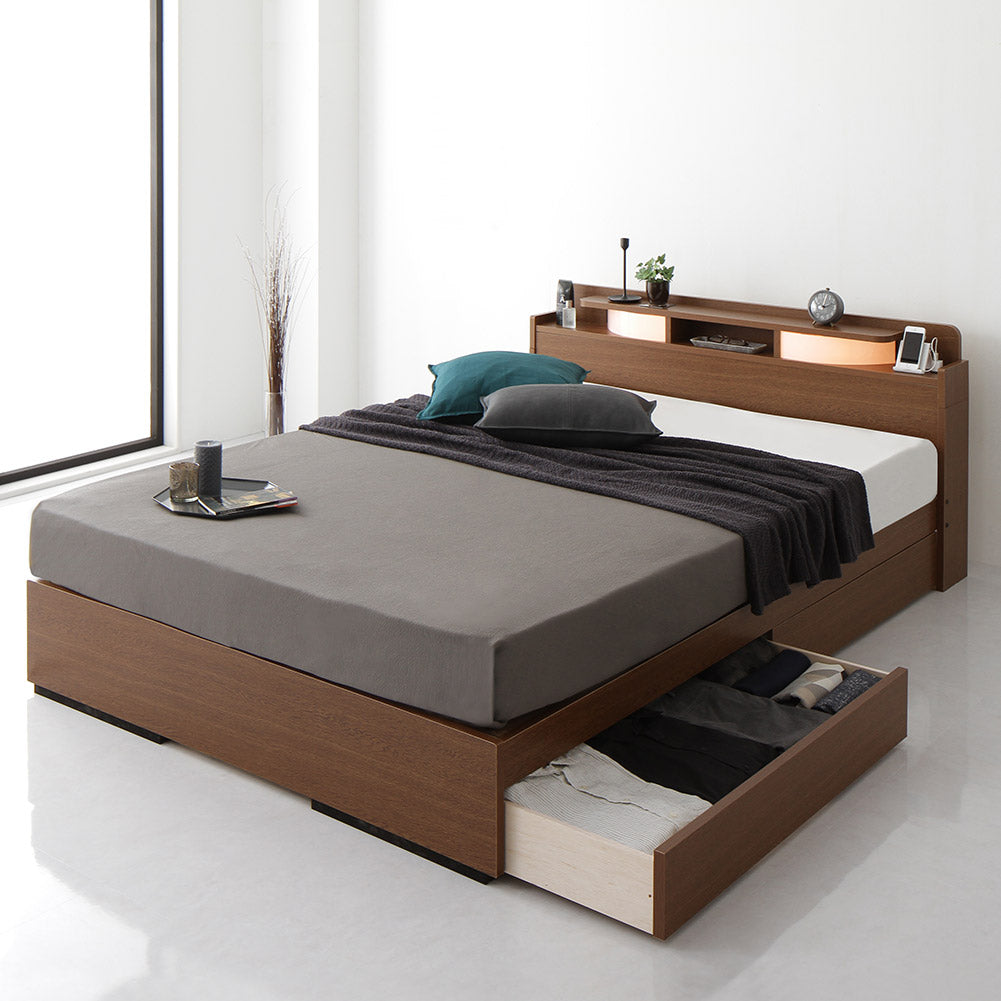 収納ベッド モダン 照明付き ブラウン