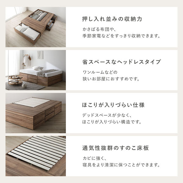 押し入れ並みの収納力/省スペースなヘッドレスタイプ/ほこりが入りづらい仕様/通気性抜群のすのこ床板
