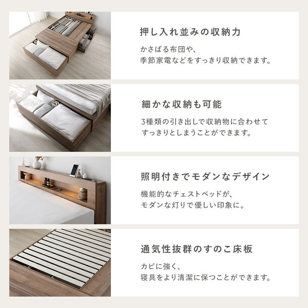 押し入れ並みの収納力/細かな収納も可能/照明付きでモダンなデザイン/通気性抜群のすのこ床板