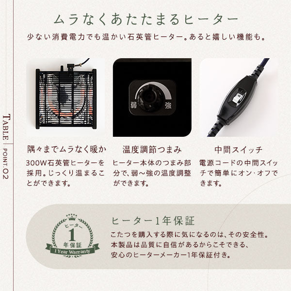 少ない消費電力でも温かい石英管ヒーター。あると嬉しい機能も搭載。1年保証で安心です。