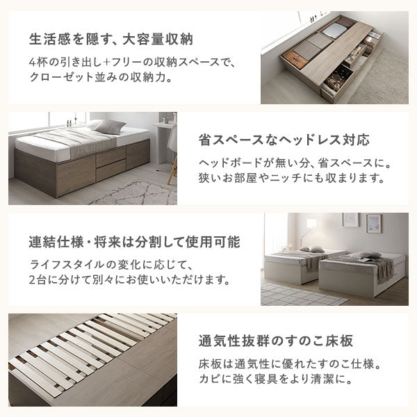 生活感を隠す、大容量収納/省スペースなヘッドレス対応/連結仕様・将来は分割して使用可能/通気性抜群のすのこ床板