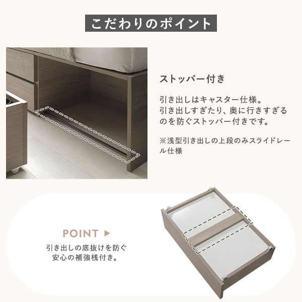 こだわりのポイント：ストッパー付き/引き出しの底抜けを防ぐ安心の補強桟付き。