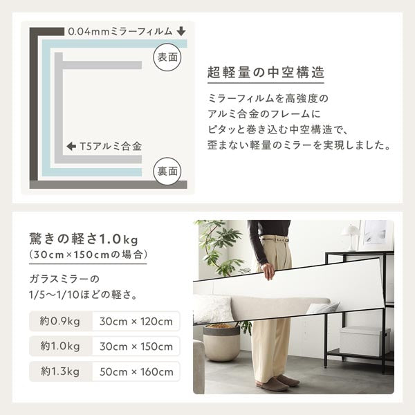 超軽量の中空構造/驚きの軽さ1.0kg（30cm×150cmの場合）