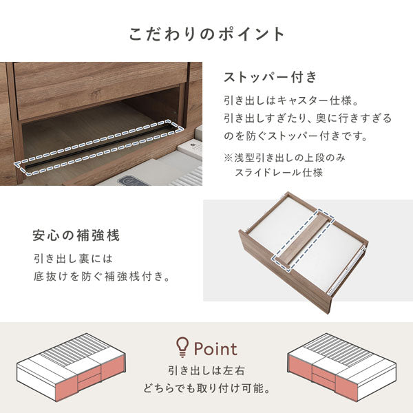 こだわりのポイント（ストッパー付き/引き出しの底抜けを防ぐ安心の補強桟付き。）