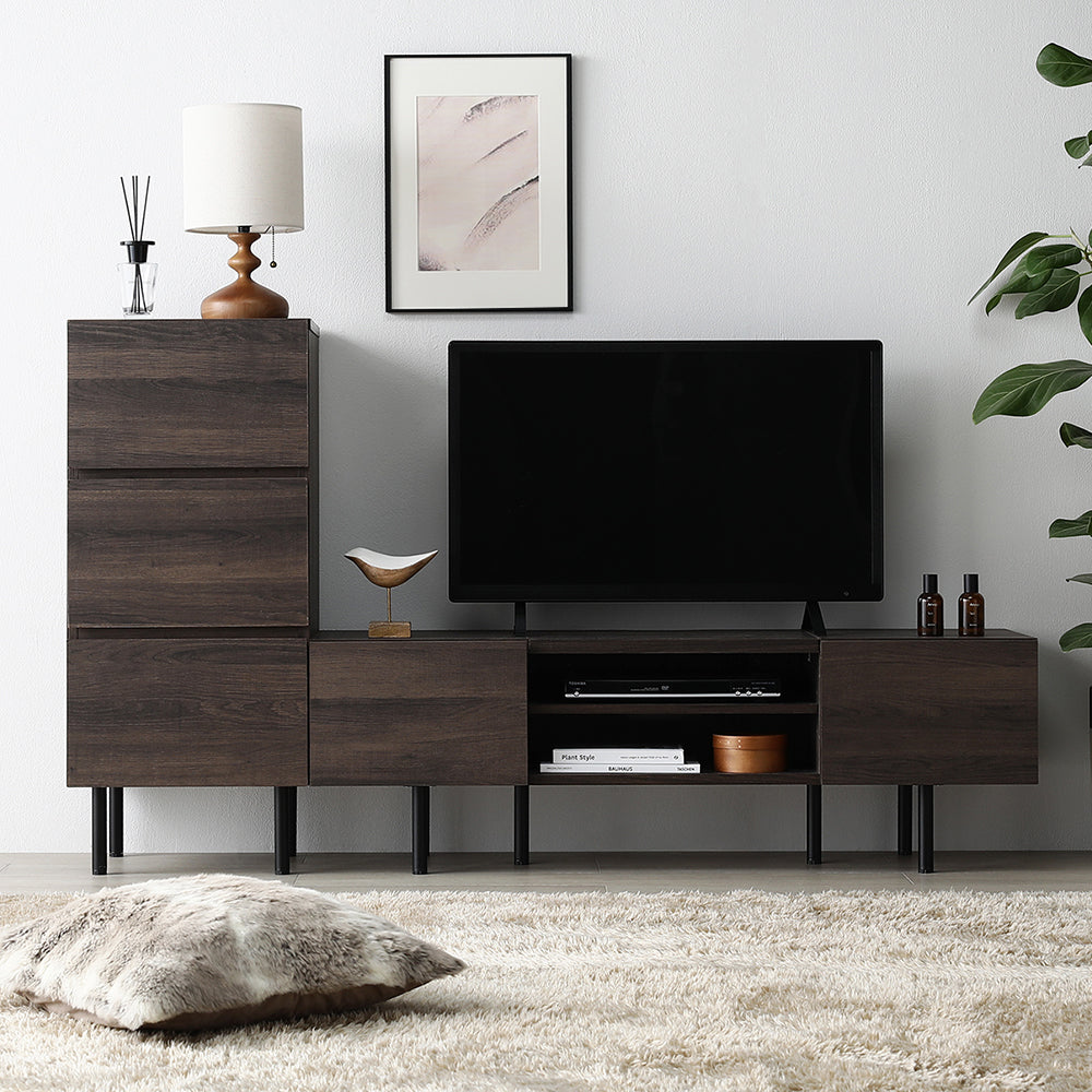 異素材MIX テレビボード(120cm幅) + チェスト(スリム3段) セット 『Stova ストーヴァ』 ブラウン