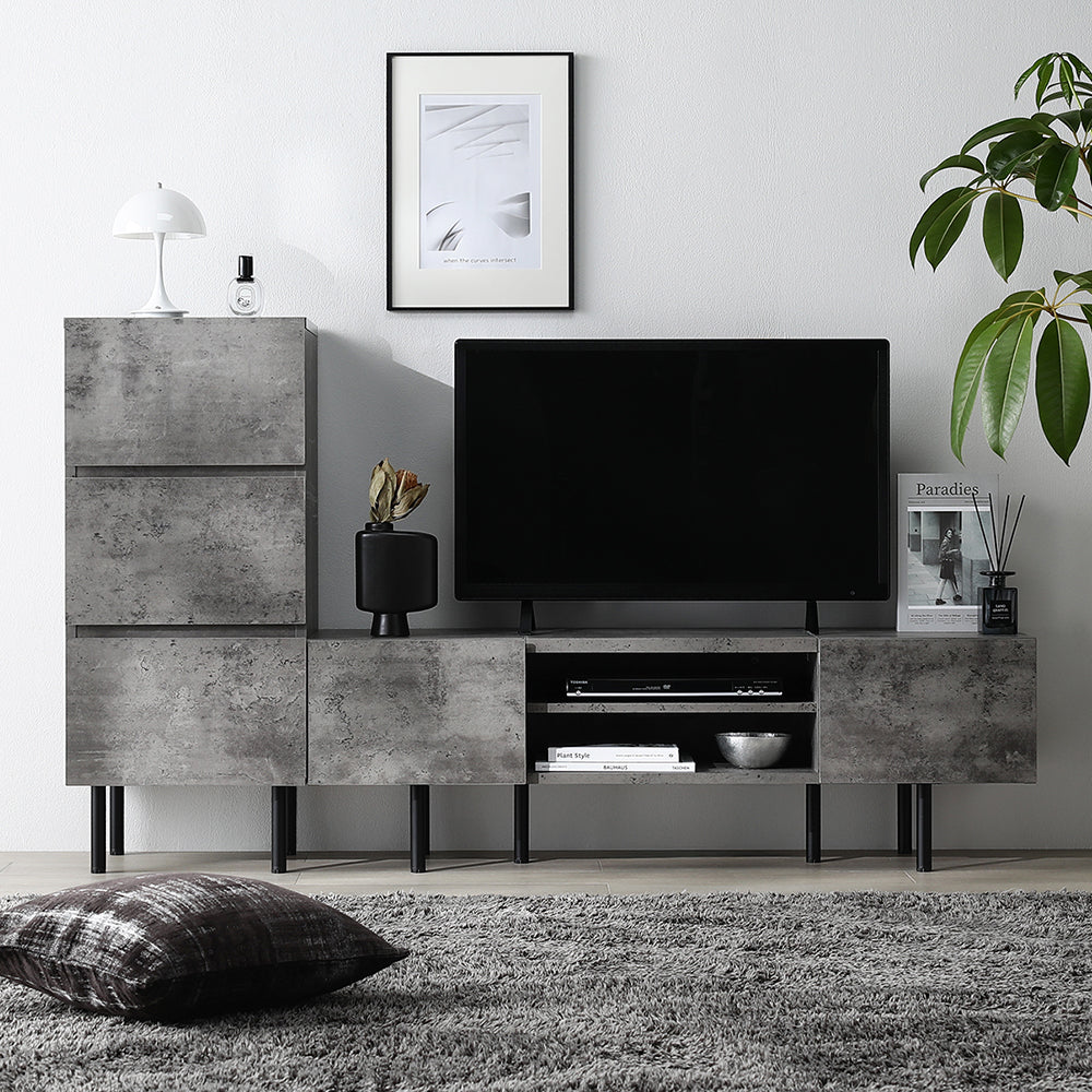 異素材MIX テレビボード(120cm幅) + チェスト(スリム3段) セット 『Stova ストーヴァ』 ストーングレー