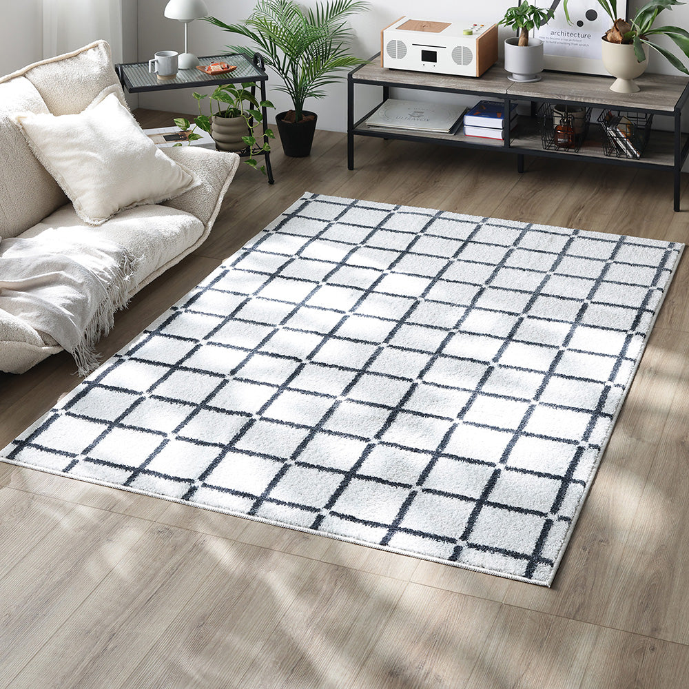 国産 洗濯機で洗える デザインラグ（軽量・防ダニ・アレルブロック） 約130×185cm ホワイト