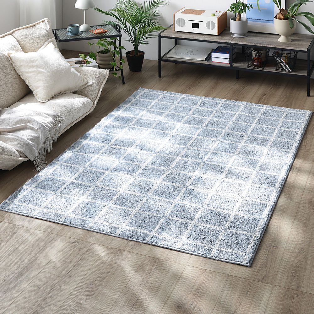 国産 洗濯機で洗える デザインラグ（軽量・防ダニ・アレルブロック） 約130×185cm ブルー