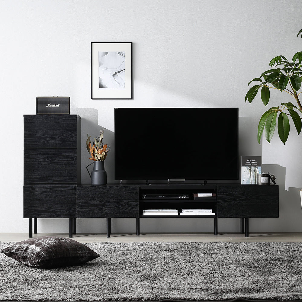 異素材MIX テレビボード(150cm幅) + チェスト(スリム3段) セット 『Stova ストーヴァ』 ブラック