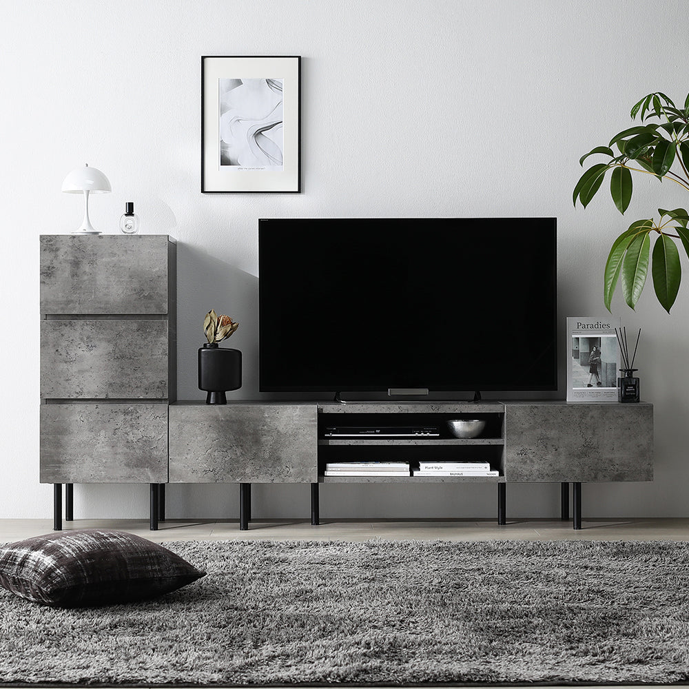 異素材MIX テレビボード(150cm幅) + チェスト(スリム3段) セット 『Stova ストーヴァ』 ストーングレー