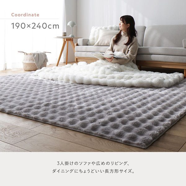 190×240cm：3人掛けのソファや広めのリビング、ダイニングにちょうどいい長方形サイズ。
