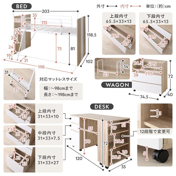 ベッド・デスク・ワゴン サイズ