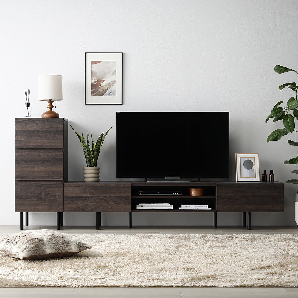 異素材MIX テレビボード(180cm幅) + チェスト(スリム3段) セット 『Stova ストーヴァ』 ブラウン